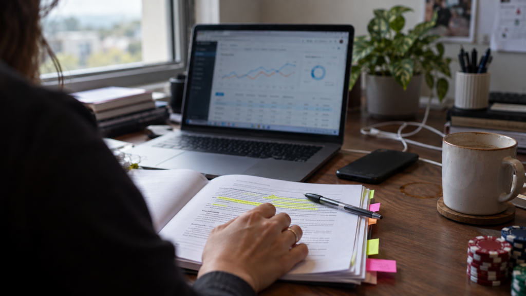 A person reviews a highlighted compliance (gambling and games policy) document at a desk beside a laptop analytics dashboard and a stack of casino chips.