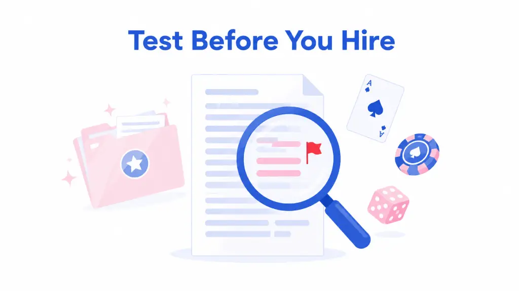 Magnifying glass over a trial article with a red flag, showing how to test and hire iGaming writers